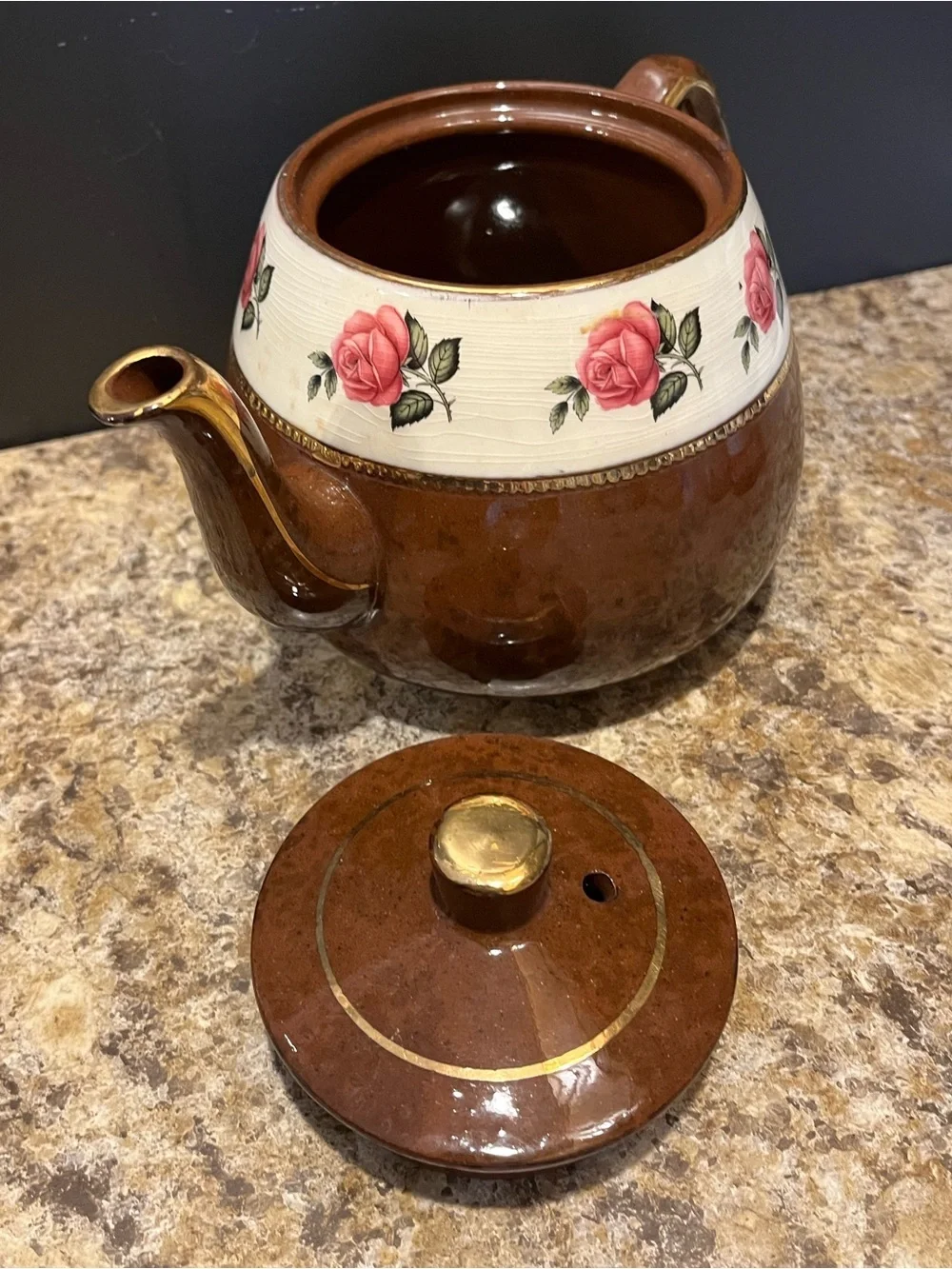Vintage Arthur Wood Brown Teapot with Pink Rose Band 4.5 Cups
